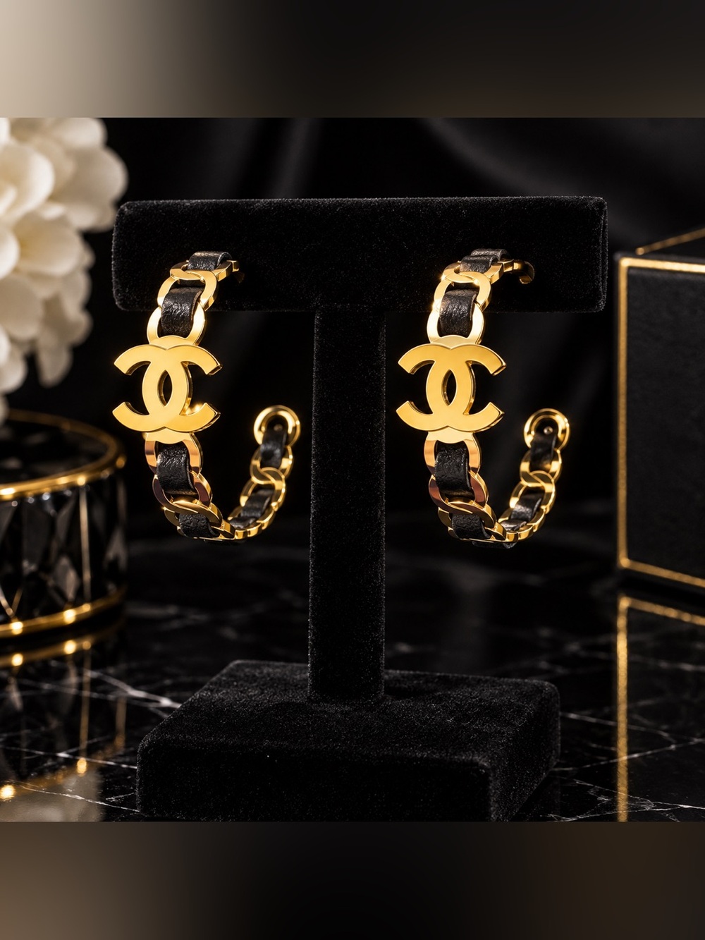 Gold & Black Woven Chain CC Logo Hoop Earrings